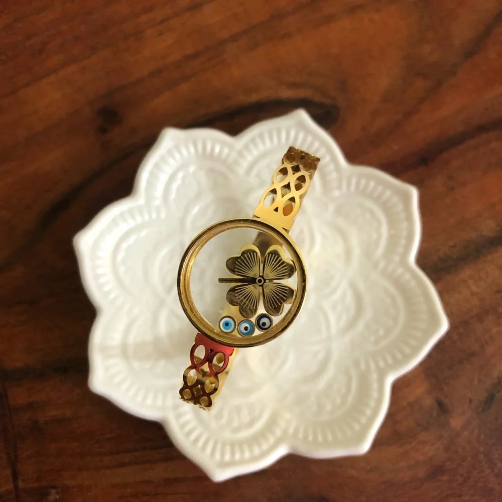 Women’s Gold Plated Lucky Clover Evil Eye Stainless Steel Bracelet Bangle Gifts